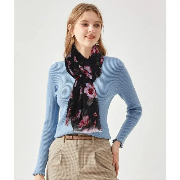 Women Black Fashion Flowers Print Scarves Winter Head Shawl Cotton Wrap - Picture 3 of 9